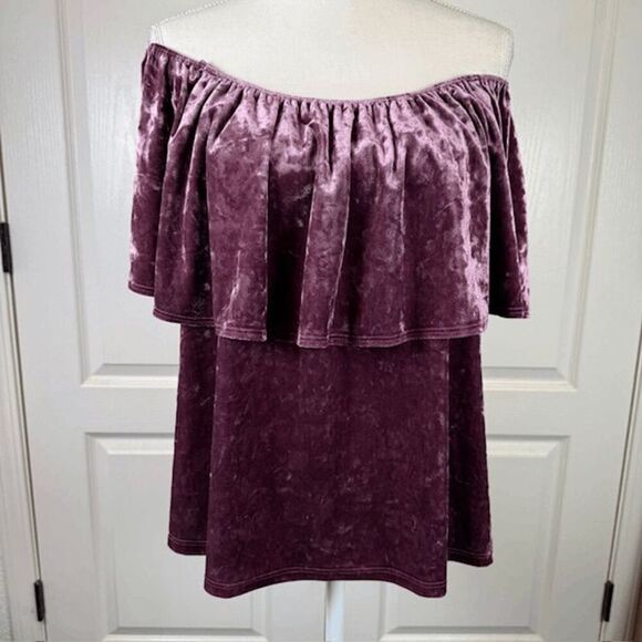 Tres Bien Velour On/Off Shoulder Blouse Wine Color Ruffle Elastic Top Size Large - Picture 2 of 8